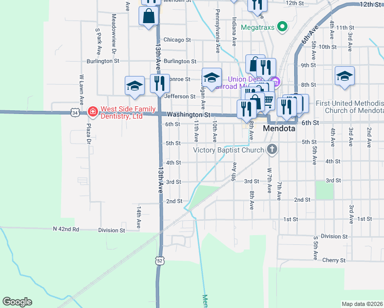 map of restaurants, bars, coffee shops, grocery stores, and more near 503 12th Avenue in Mendota