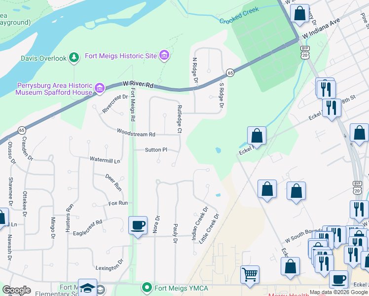 map of restaurants, bars, coffee shops, grocery stores, and more near 575 Rutledge Court in Perrysburg