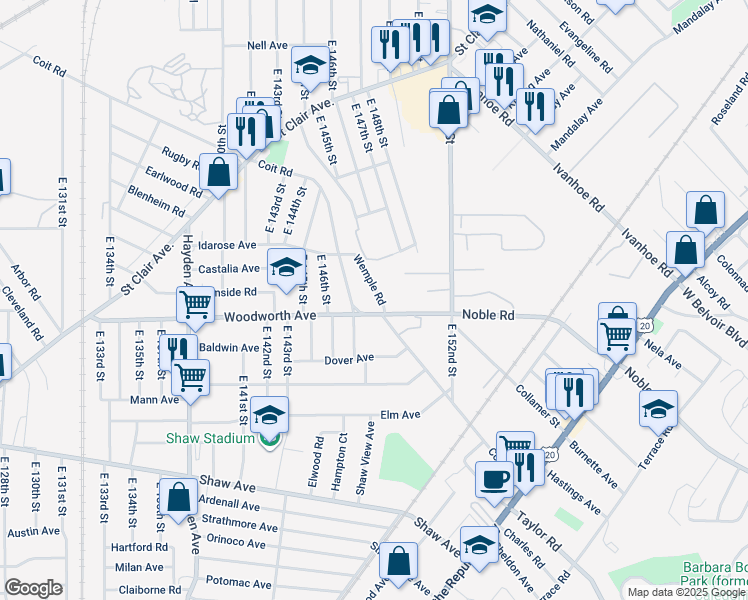 map of restaurants, bars, coffee shops, grocery stores, and more near 14767 Coit Road in Cleveland
