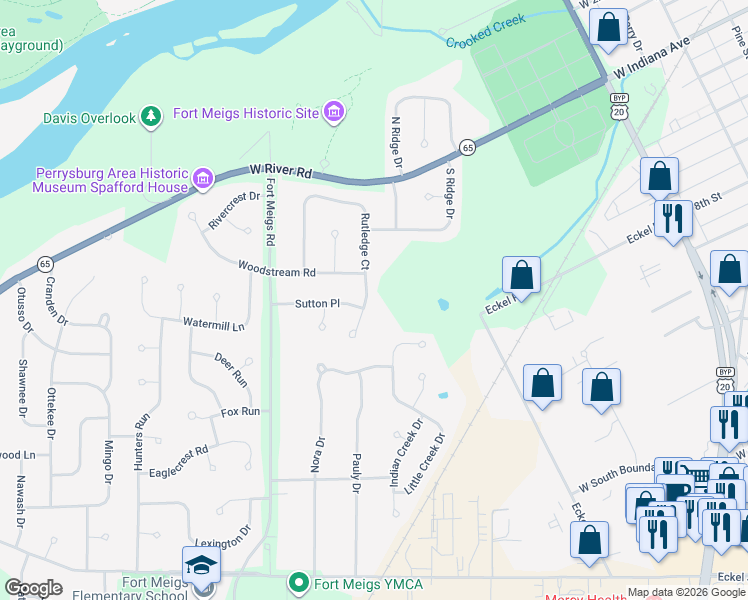 map of restaurants, bars, coffee shops, grocery stores, and more near 575 Rutledge Court in Perrysburg