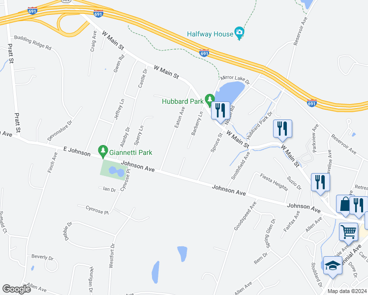 map of restaurants, bars, coffee shops, grocery stores, and more near 105 Barberry Lane in Meriden