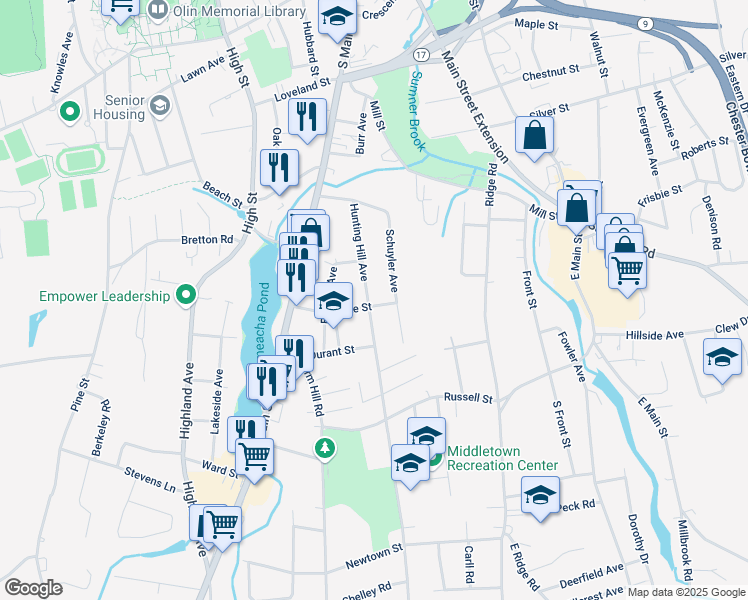 map of restaurants, bars, coffee shops, grocery stores, and more near 160 Hunting Hill Avenue in Middletown
