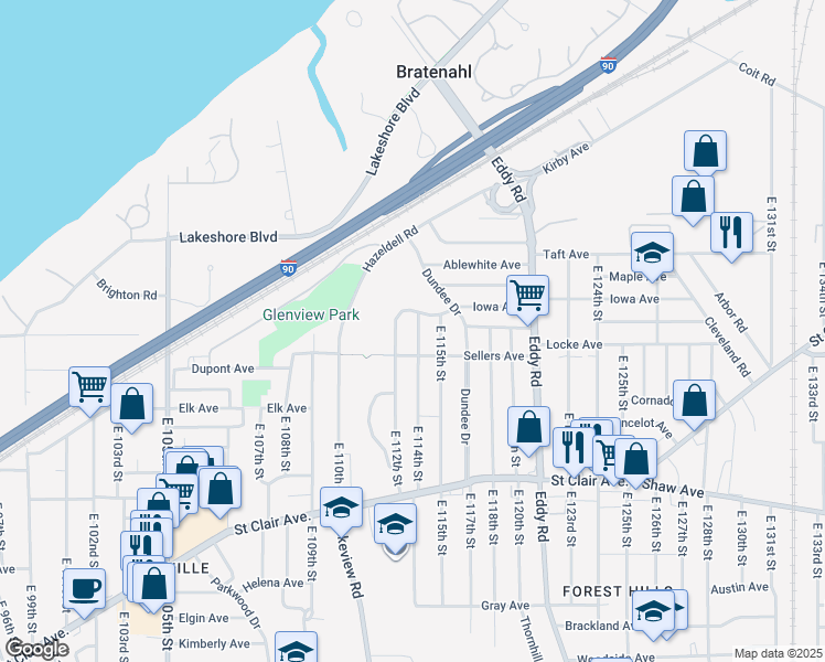 map of restaurants, bars, coffee shops, grocery stores, and more near 434 East 114th Street in Cleveland