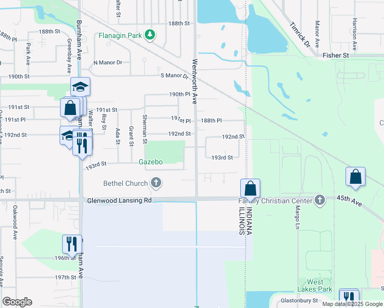 map of restaurants, bars, coffee shops, grocery stores, and more near 19242 Wentworth Avenue in Lansing