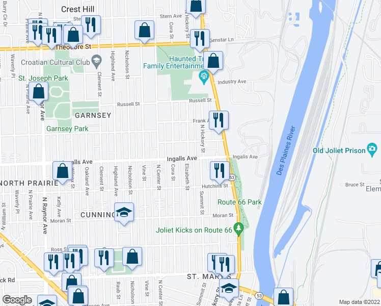 map of restaurants, bars, coffee shops, grocery stores, and more near 1204 Elizabeth Street in Joliet