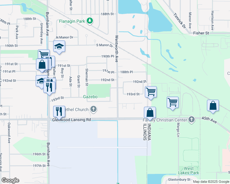map of restaurants, bars, coffee shops, grocery stores, and more near 19242 Wentworth Avenue in Lansing