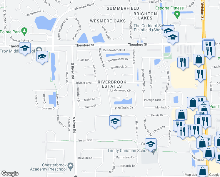 map of restaurants, bars, coffee shops, grocery stores, and more near 5317 Lindenwood Circle in Plainfield