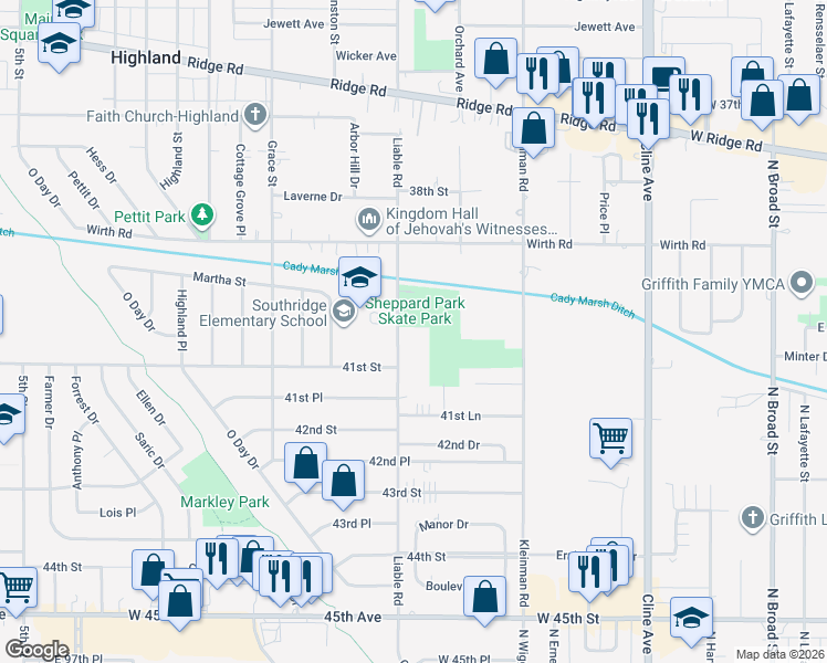 map of restaurants, bars, coffee shops, grocery stores, and more near 9231 Liable Rd in Highland