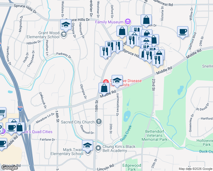 map of restaurants, bars, coffee shops, grocery stores, and more near 1906 Middle Road in Bettendorf
