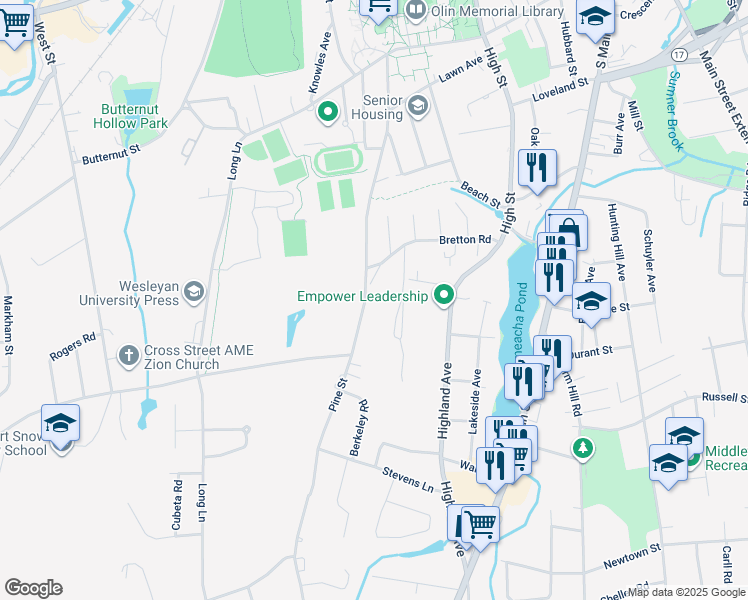 map of restaurants, bars, coffee shops, grocery stores, and more near 50 Pine Street in Middletown