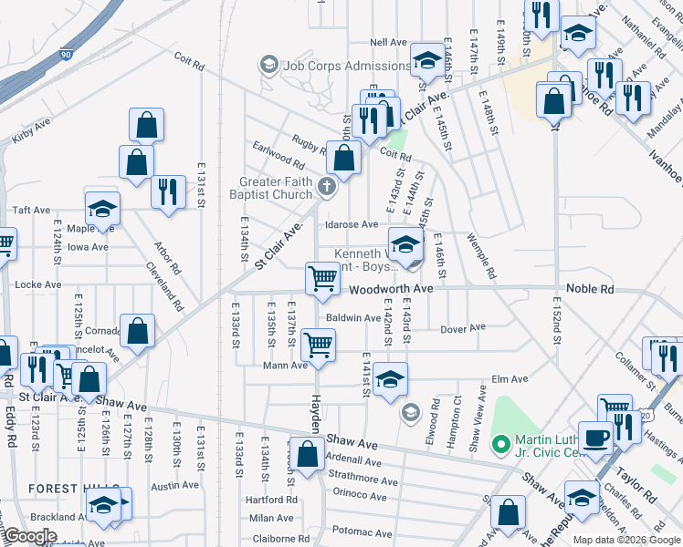 map of restaurants, bars, coffee shops, grocery stores, and more near 14001 Woodworth Avenue in Cleveland