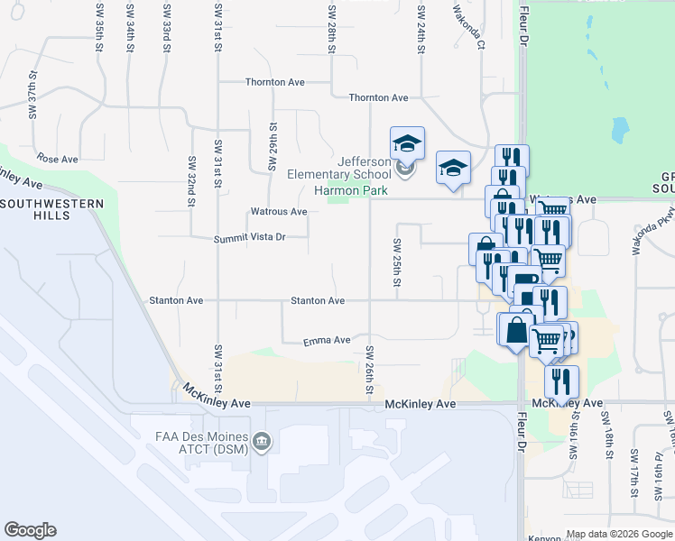 map of restaurants, bars, coffee shops, grocery stores, and more near 4219 Southwest 27th Street in Des Moines