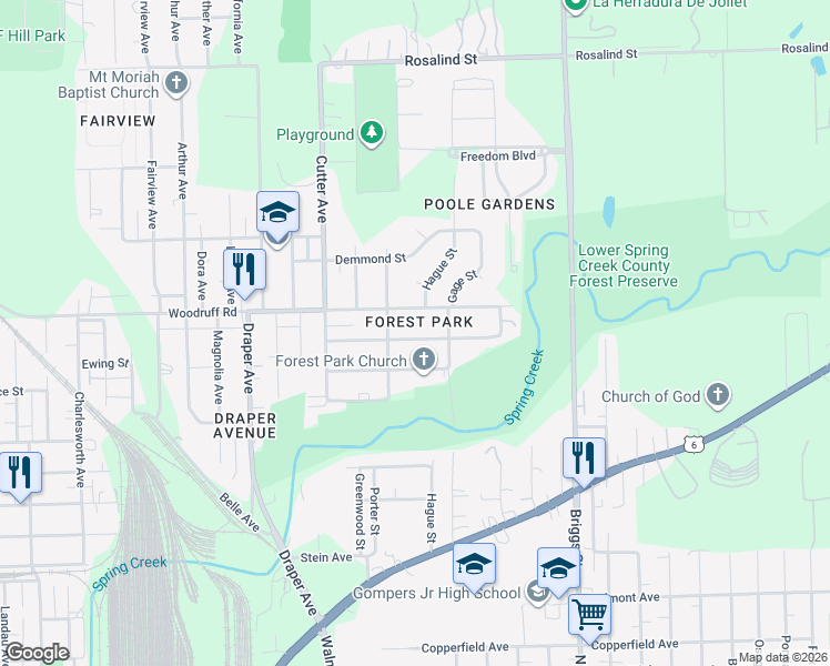map of restaurants, bars, coffee shops, grocery stores, and more near 1311 Ada Street in Joliet