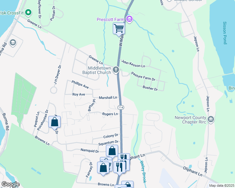 map of restaurants, bars, coffee shops, grocery stores, and more near 1726 West Main Road in Middletown
