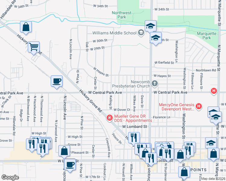 map of restaurants, bars, coffee shops, grocery stores, and more near 2018 West Central Park Avenue in Davenport