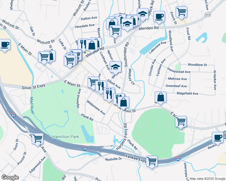 map of restaurants, bars, coffee shops, grocery stores, and more near 60 Alma Street in Waterbury