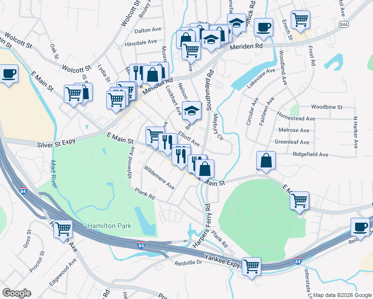 map of restaurants, bars, coffee shops, grocery stores, and more near 60 Alma Street in Waterbury