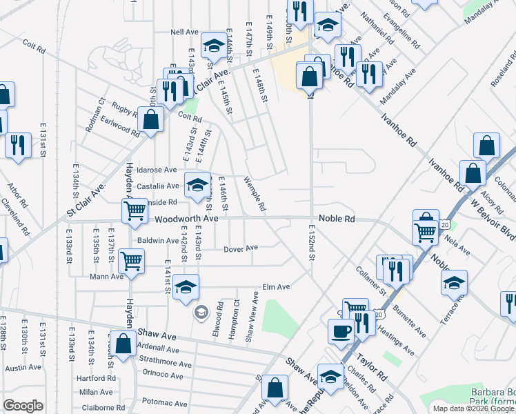map of restaurants, bars, coffee shops, grocery stores, and more near 14767 Coit Road in Cleveland