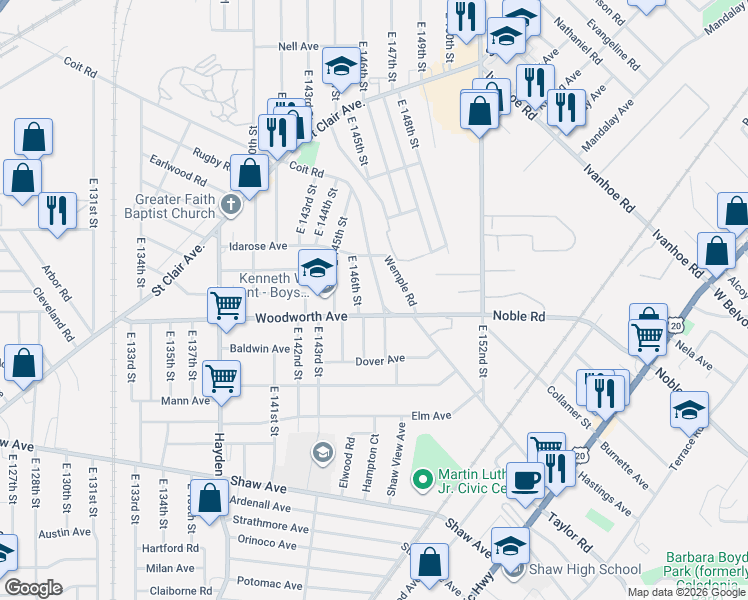 map of restaurants, bars, coffee shops, grocery stores, and more near 14601 Woodworth Avenue in Cleveland