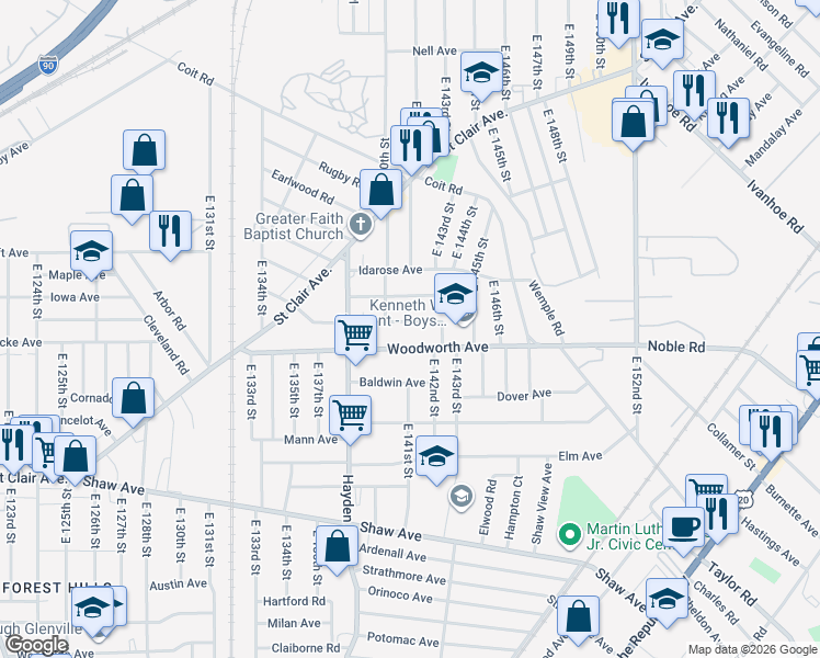 map of restaurants, bars, coffee shops, grocery stores, and more near 14113 Woodworth Avenue in Cleveland