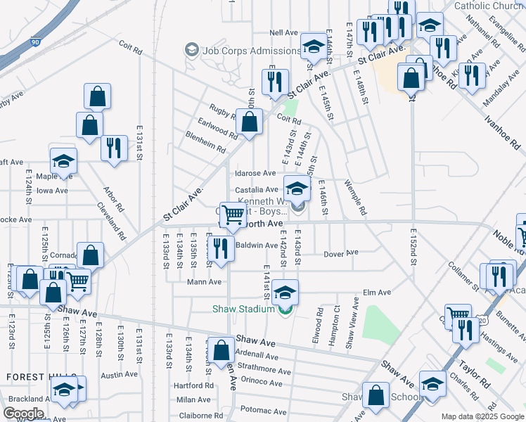 map of restaurants, bars, coffee shops, grocery stores, and more near 14001 Woodworth Avenue in Cleveland