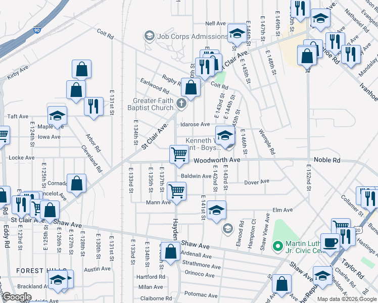 map of restaurants, bars, coffee shops, grocery stores, and more near 14001 Woodworth Avenue in Cleveland