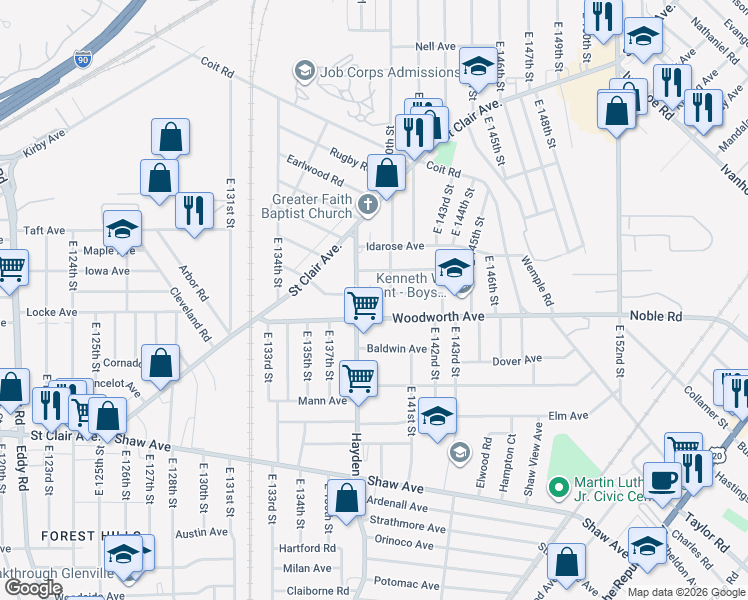 map of restaurants, bars, coffee shops, grocery stores, and more near 1201 Hayden Avenue in Cleveland