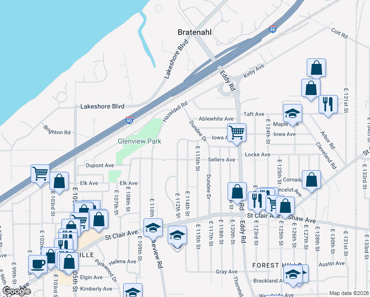map of restaurants, bars, coffee shops, grocery stores, and more near 434 East 114th Street in Cleveland