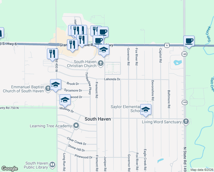 map of restaurants, bars, coffee shops, grocery stores, and more near 766 Juniper Road in Valparaiso