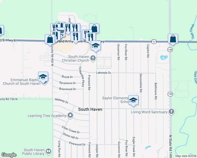 map of restaurants, bars, coffee shops, grocery stores, and more near 766 Juniper Road in Valparaiso
