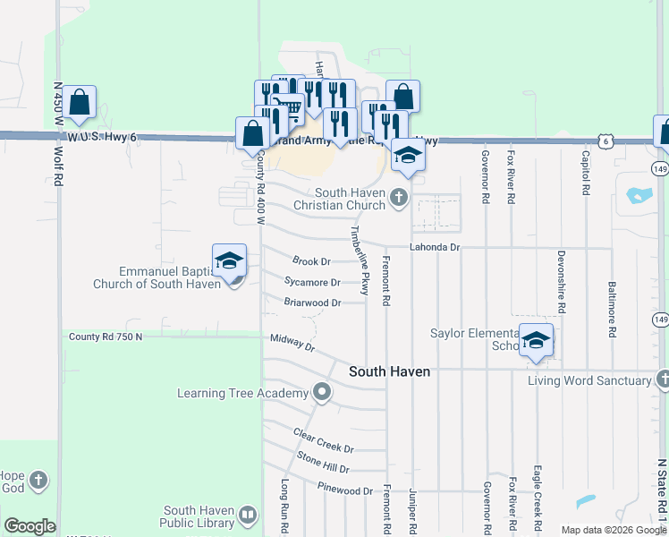 map of restaurants, bars, coffee shops, grocery stores, and more near 375 Sycamore Drive in Valparaiso