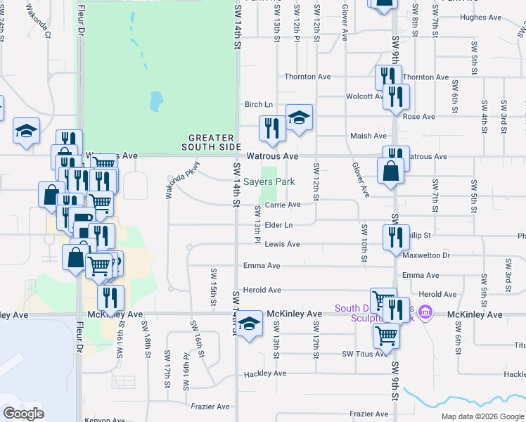 map of restaurants, bars, coffee shops, grocery stores, and more near 1345 Elder Lane in Des Moines