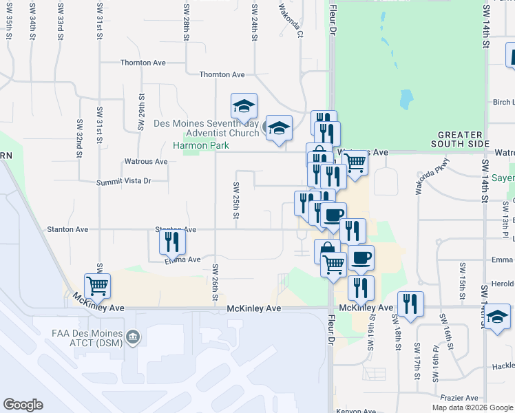 map of restaurants, bars, coffee shops, grocery stores, and more near 4208 Southwest 23rd Place in Des Moines