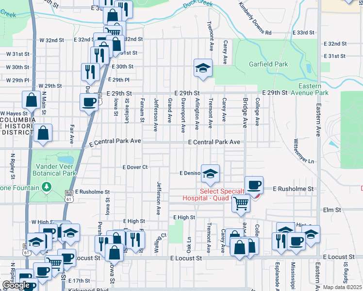 map of restaurants, bars, coffee shops, grocery stores, and more near 2510 Davenport Avenue in Davenport