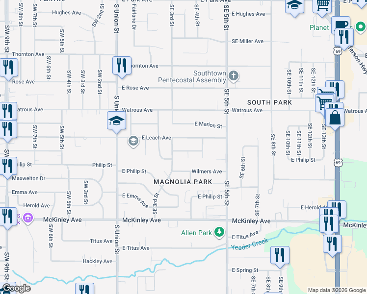 map of restaurants, bars, coffee shops, grocery stores, and more near 314 East Trowbridge Street in Des Moines