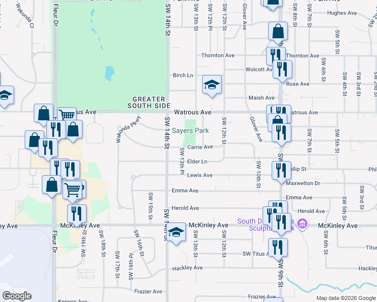 map of restaurants, bars, coffee shops, grocery stores, and more near 1227 Elder Lane in Des Moines