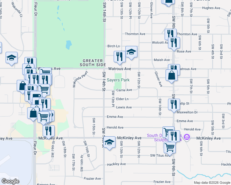 map of restaurants, bars, coffee shops, grocery stores, and more near 1345 Elder Lane in Des Moines