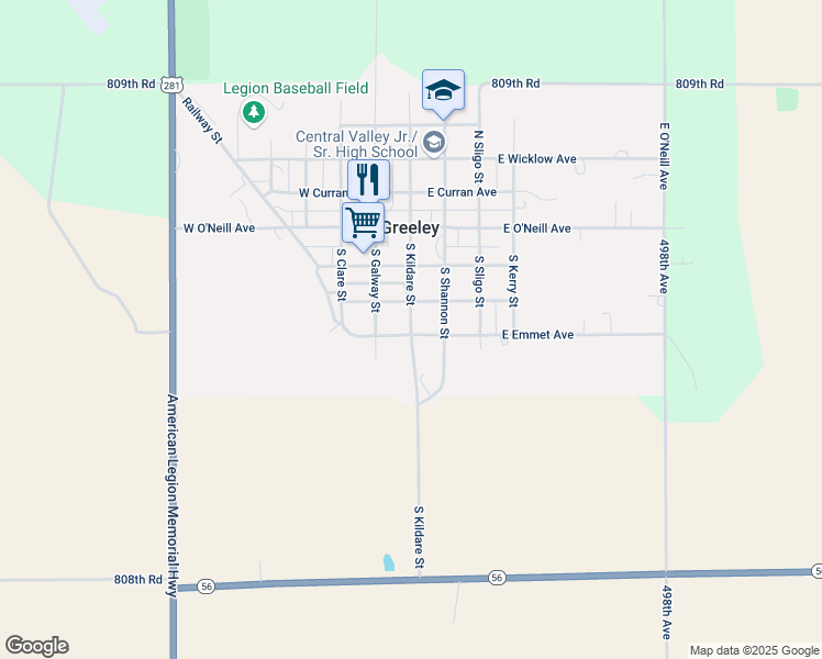 map of restaurants, bars, coffee shops, grocery stores, and more near South Kildare Street in Greeley