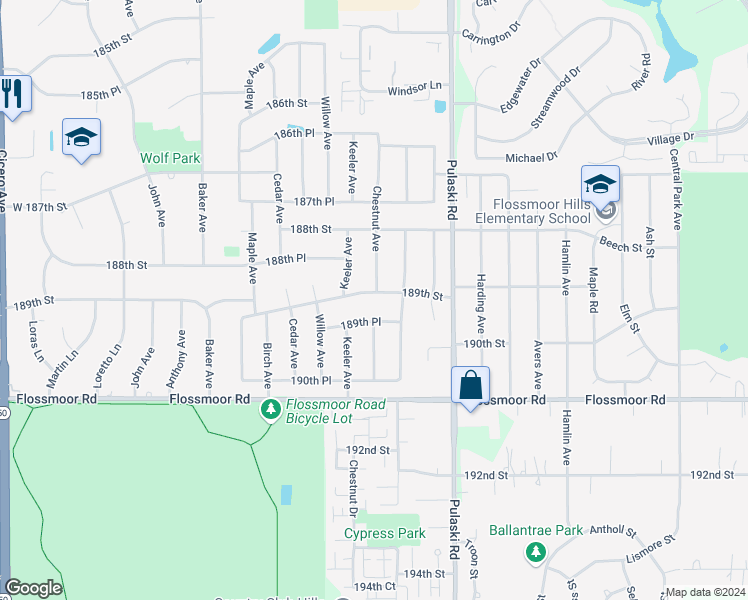 map of restaurants, bars, coffee shops, grocery stores, and more near 4141 189th Street in Country Club Hills