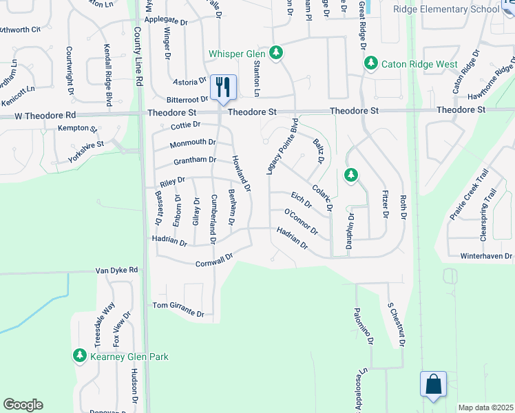 map of restaurants, bars, coffee shops, grocery stores, and more near 1316 Howland Drive in Joliet