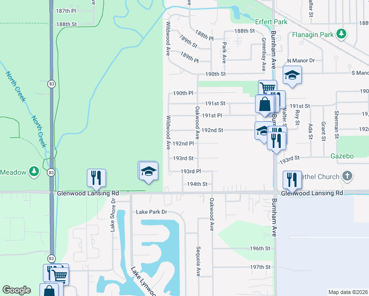 map of restaurants, bars, coffee shops, grocery stores, and more near 2824 193rd Place in Lansing