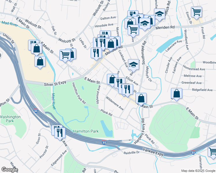 map of restaurants, bars, coffee shops, grocery stores, and more near 1712 East Main Street in Waterbury