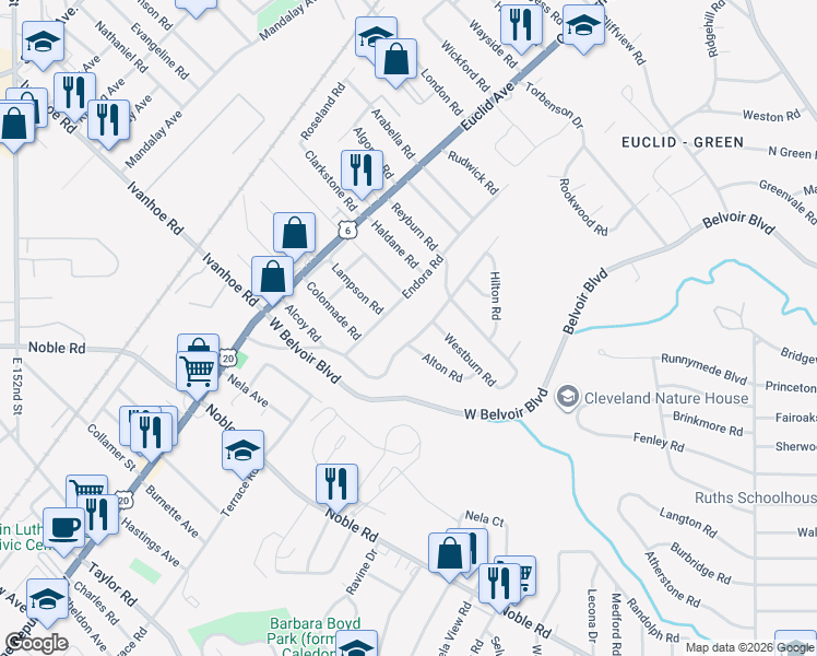 map of restaurants, bars, coffee shops, grocery stores, and more near 16712 Hillsboro Road in Cleveland
