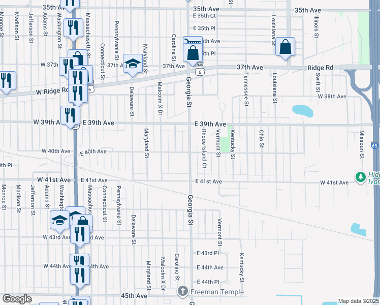 map of restaurants, bars, coffee shops, grocery stores, and more near 3998 Georgia Street in Gary