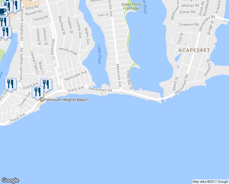 map of restaurants, bars, coffee shops, grocery stores, and more near 59 Menauhant Road in Falmouth