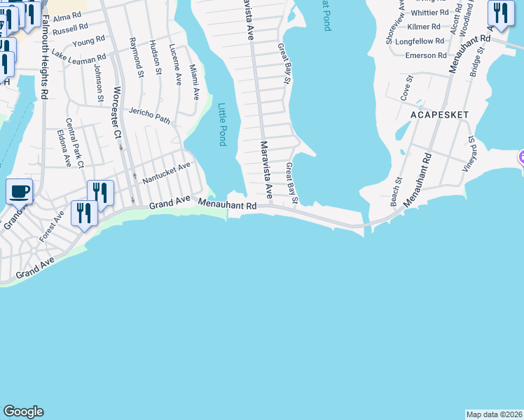 map of restaurants, bars, coffee shops, grocery stores, and more near 59 Menauhant Road in Falmouth