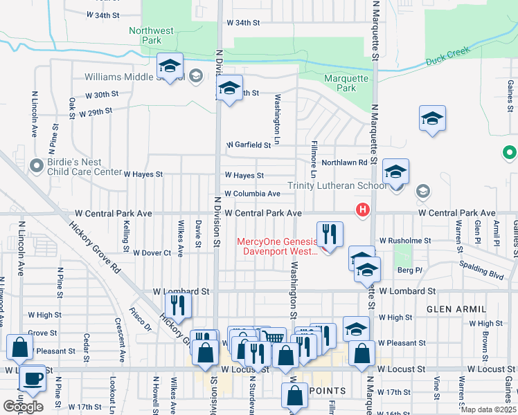 map of restaurants, bars, coffee shops, grocery stores, and more near 2605 North Sturdevant Street in Davenport