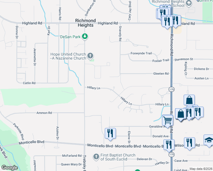 map of restaurants, bars, coffee shops, grocery stores, and more near 4767 Hillary Lane in Richmond Heights