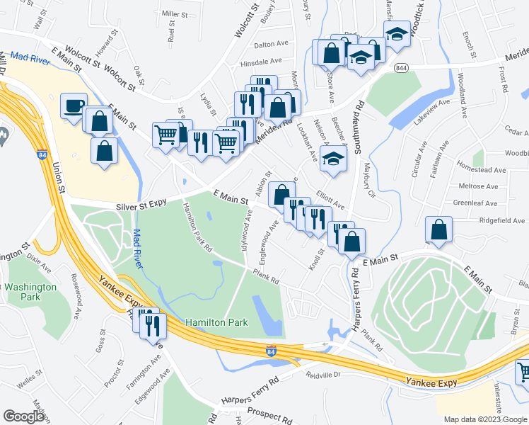 map of restaurants, bars, coffee shops, grocery stores, and more near 1678 East Main Street in Waterbury