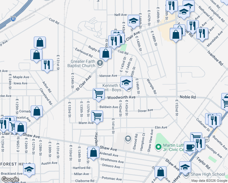map of restaurants, bars, coffee shops, grocery stores, and more near 14106 Glenside Road in Cleveland